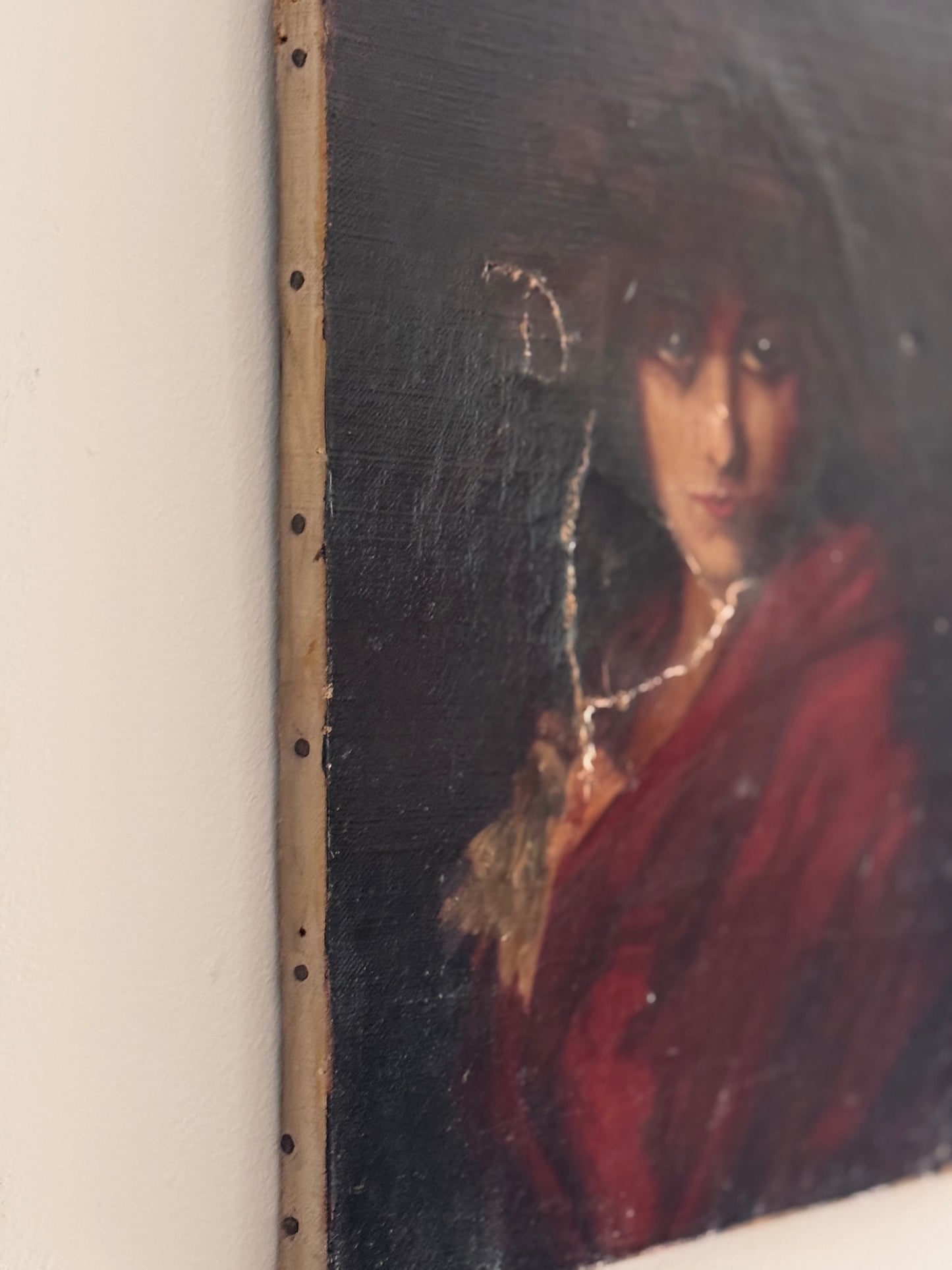 Antique 19c Oil on Canvas Unframed Female Moody Portrait