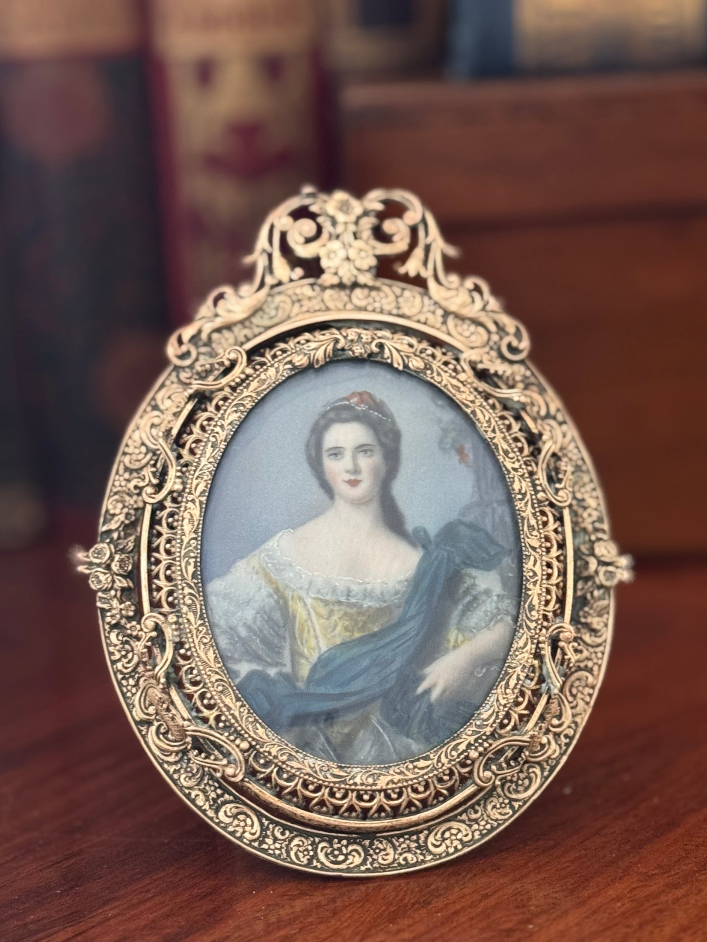 Antique French Miniature 19c Hand Painted Female Portrait in Brass Frame Madame Victoire