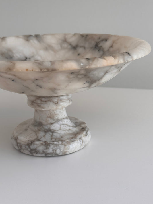 Vintage Alabaster Marble Pedestal Compote Bowl Gray White Veining