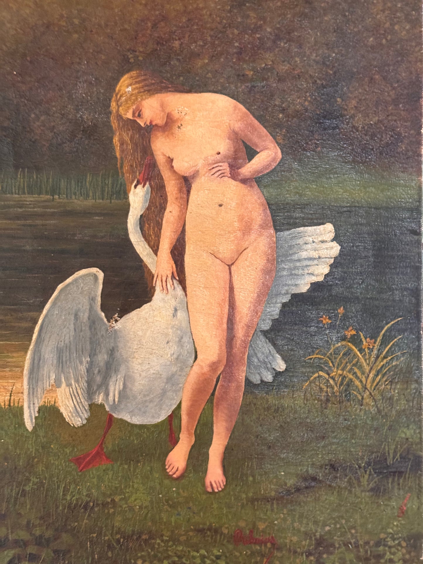 RESERVED Antique French Leda & The Swan oil on canvas painting