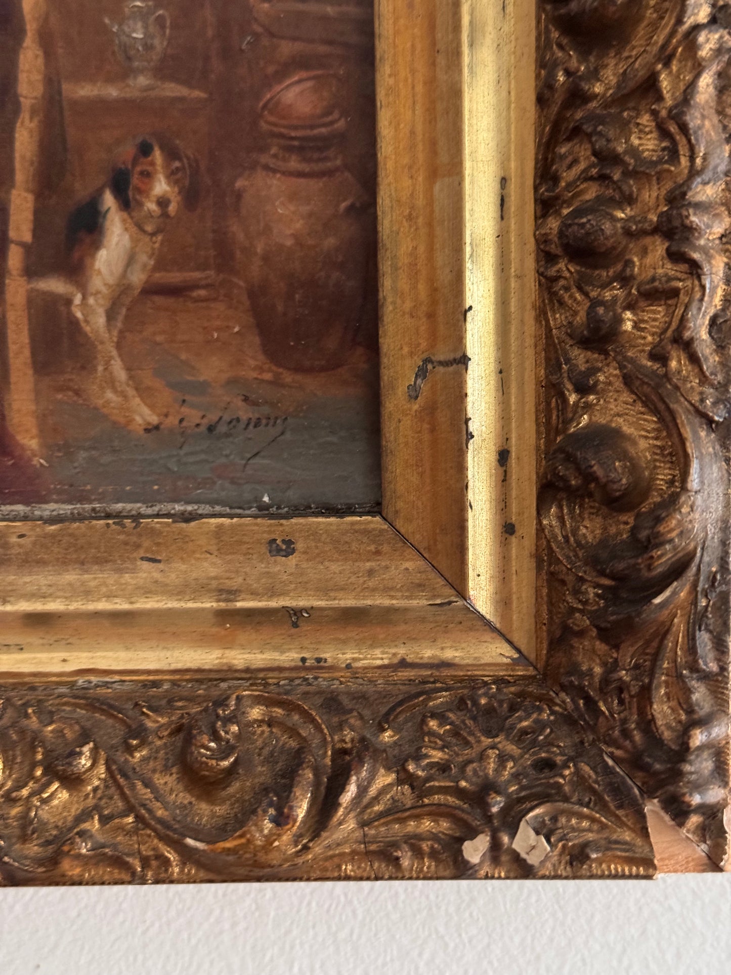 Antique 19c Oil On Canvas Signed Interior Family Scene With Dog