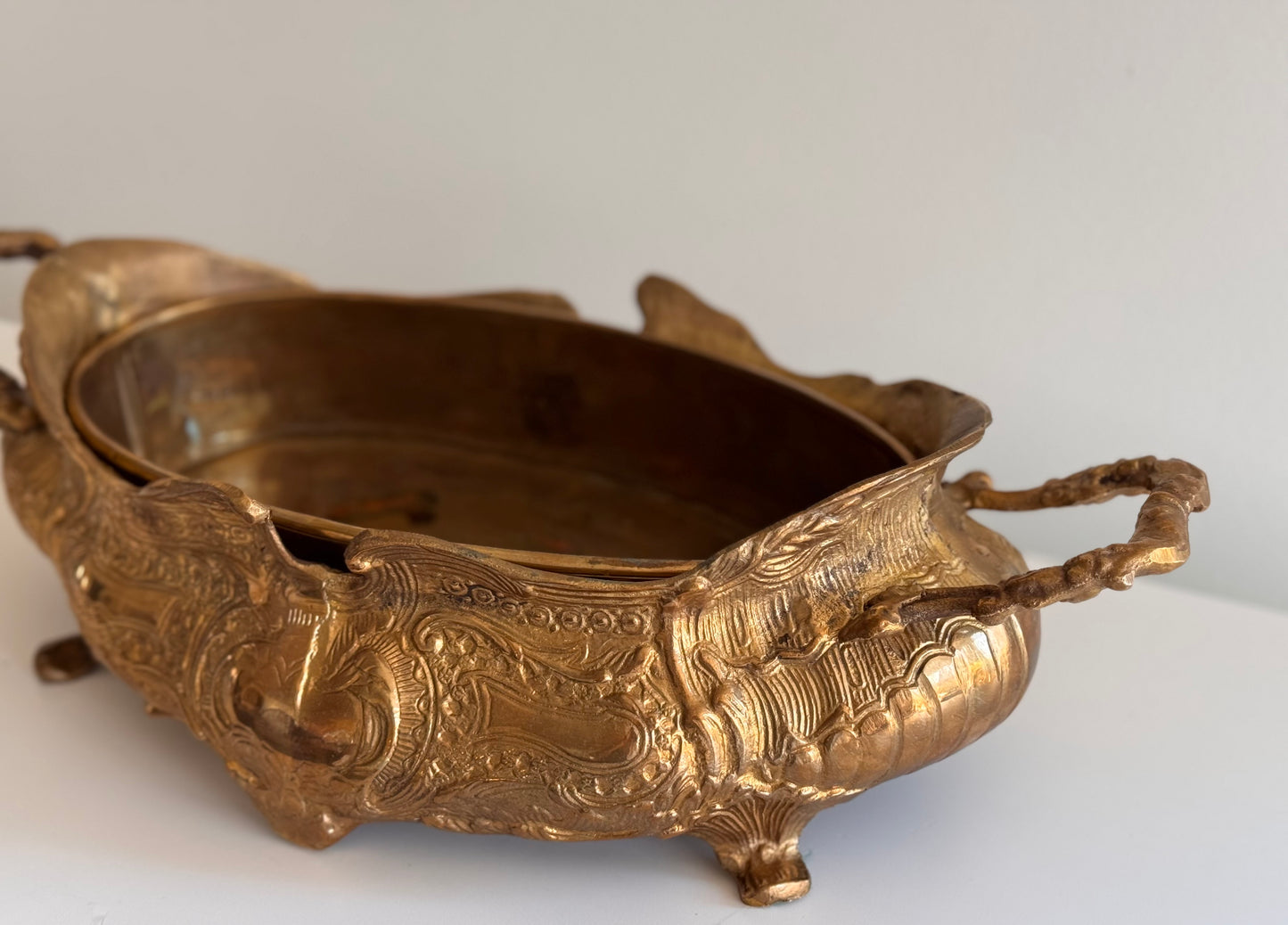 Vintage Solid Cast Brass Art Nouveau Jardiniere w/Insert