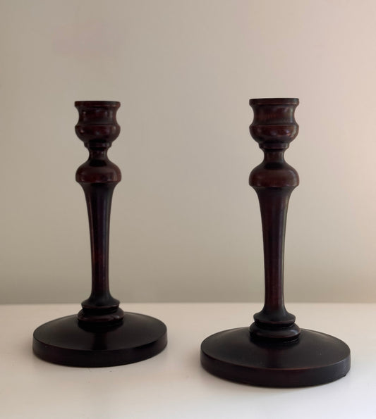 Vintage Antique Pair 9” Turned Wood English Candlesticks Dark Espresso Color