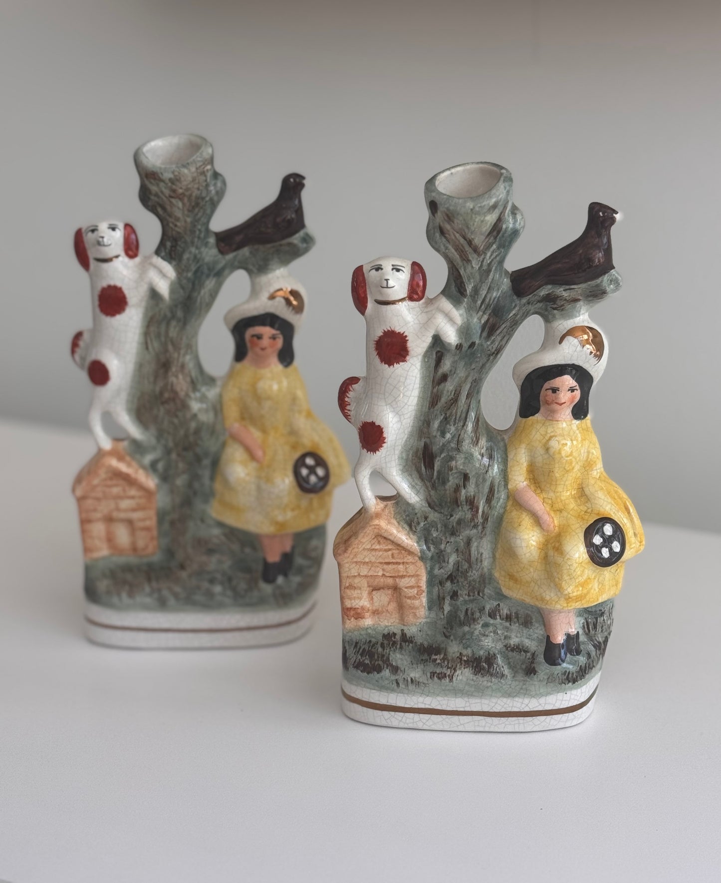 Antique Stamped Staffordshire English Spill Vase Woman on Tree Stump with Staffy Dog