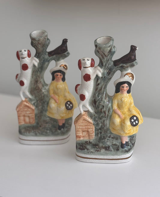 Antique Stamped Staffordshire English Spill Vase Woman on Tree Stump with Staffy Dog