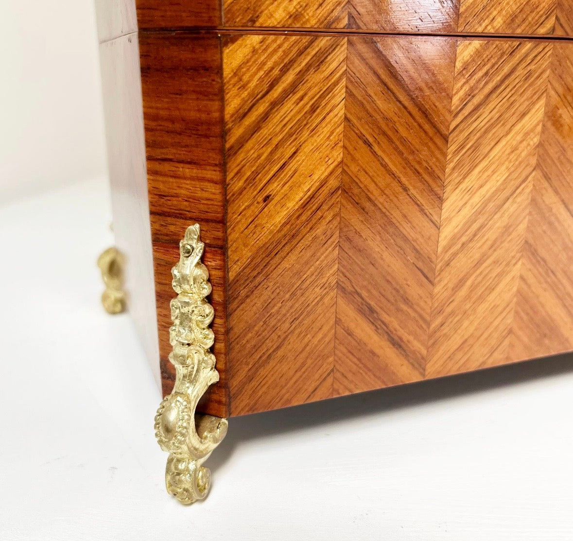 Antique Mid 19th C Napoleon III French Kingwood Ormolu Parquetry Tea Caddy w/Key