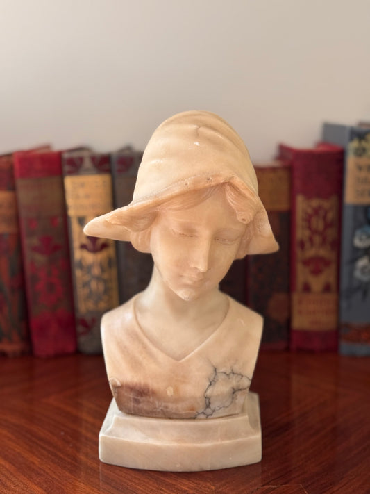 Antique Italian Alabaster Marble Bust Of A Young Girl Woman With Hat