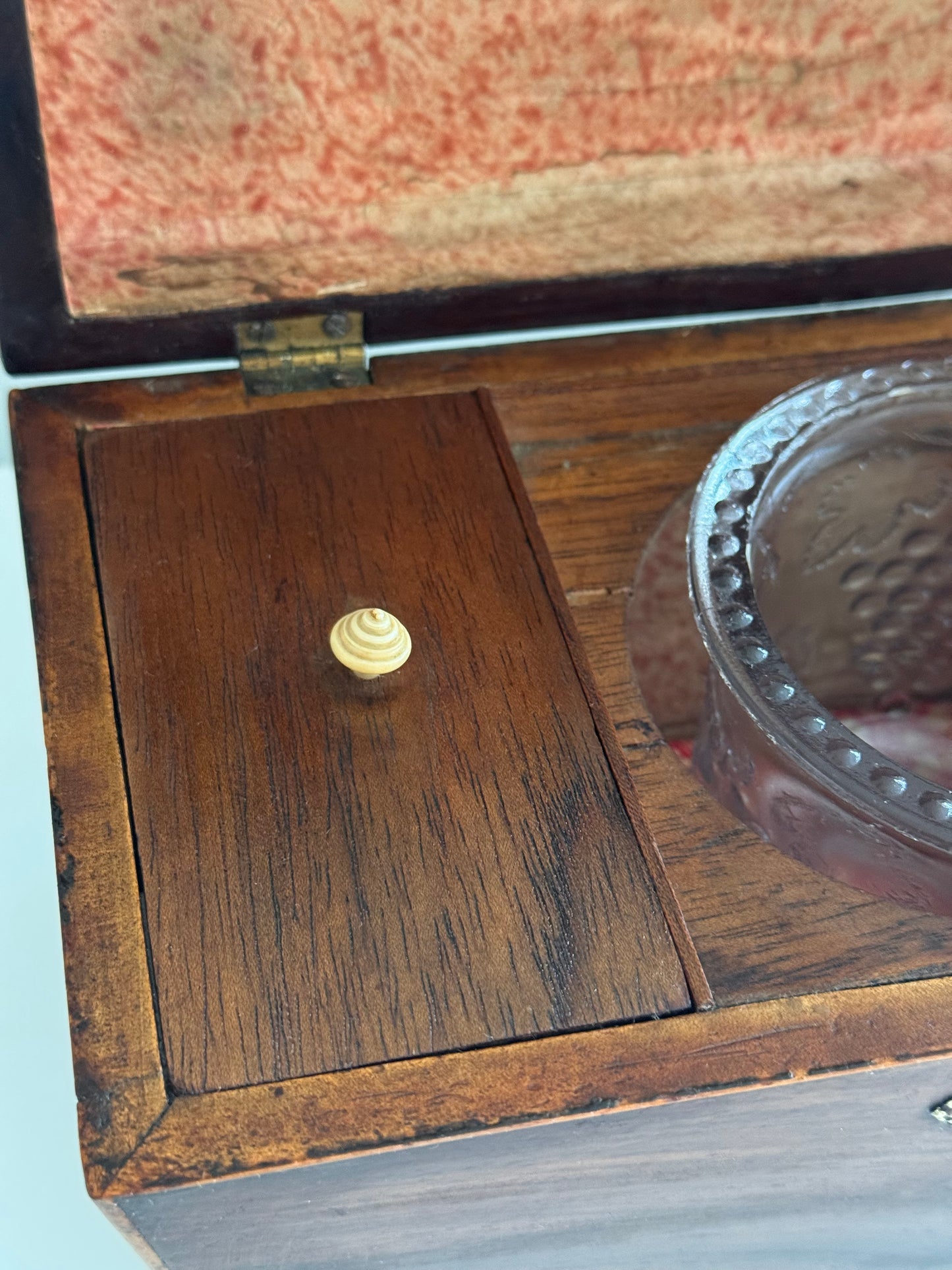Antique Regency Wood Brass Sarcophagus Tea Caddy With Bowl Floral Detail