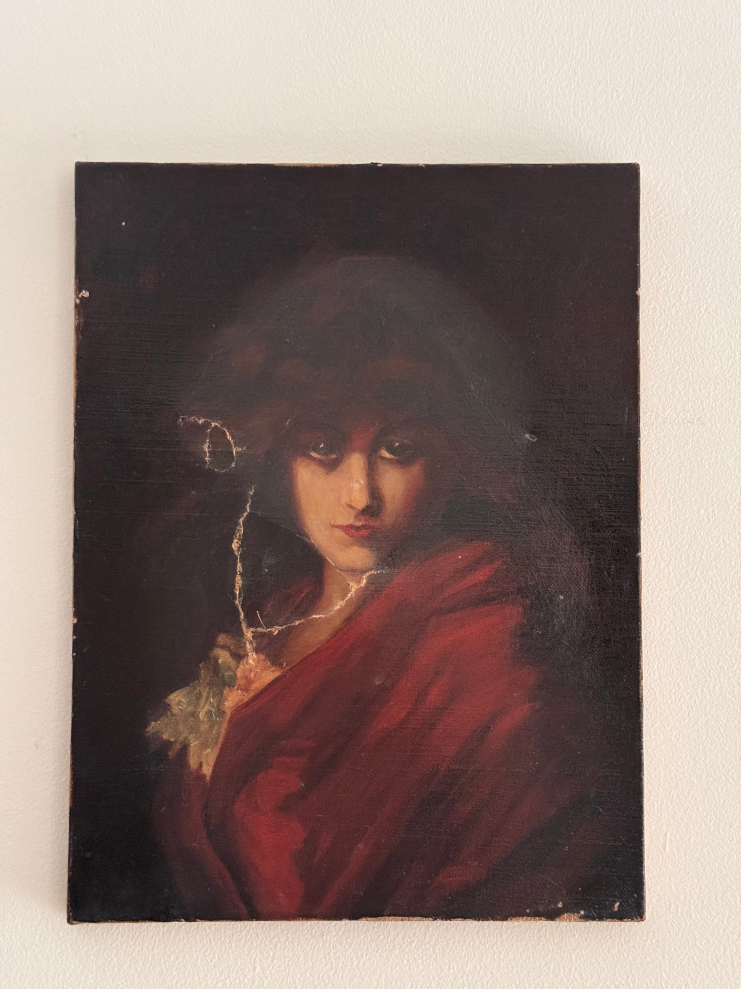 Antique 19c Oil on Canvas Unframed Female Moody Portrait