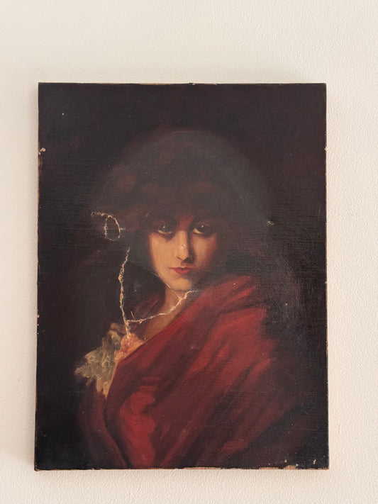 Antique 19c Oil on Canvas Unframed Female Moody Portrait