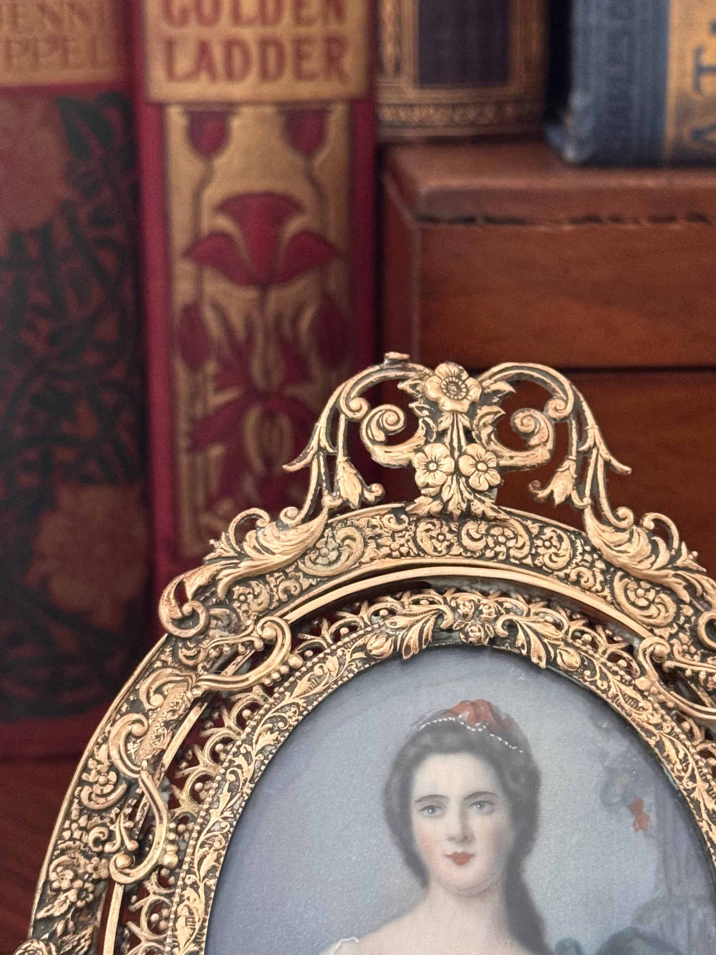 Antique French Miniature 19c Hand Painted Female Portrait in Brass Frame Madame Victoire