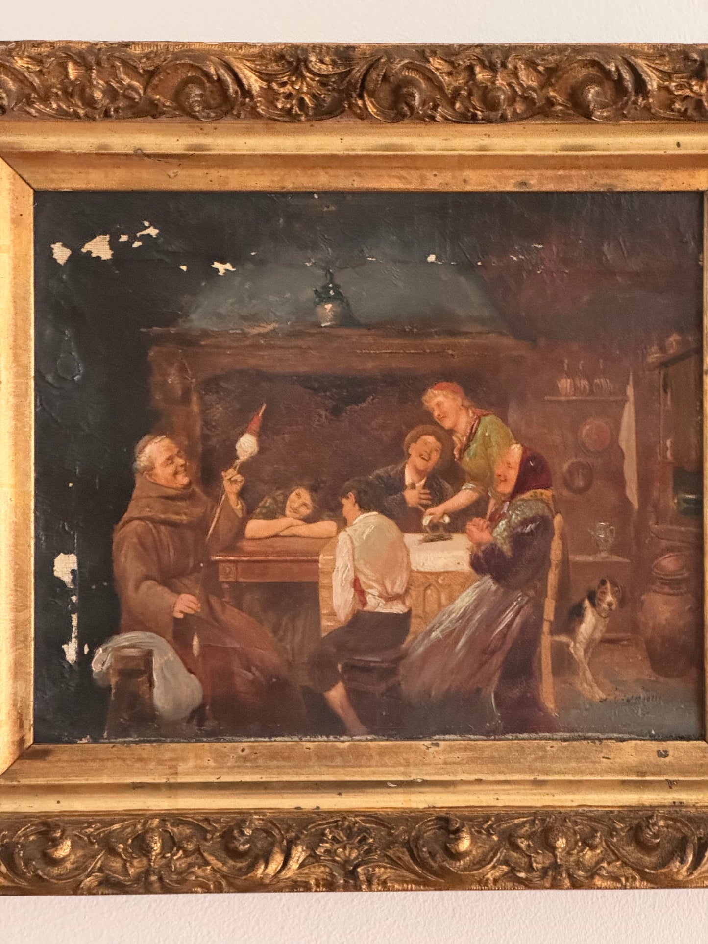 Antique 19c Oil On Canvas Signed Interior Family Scene With Dog