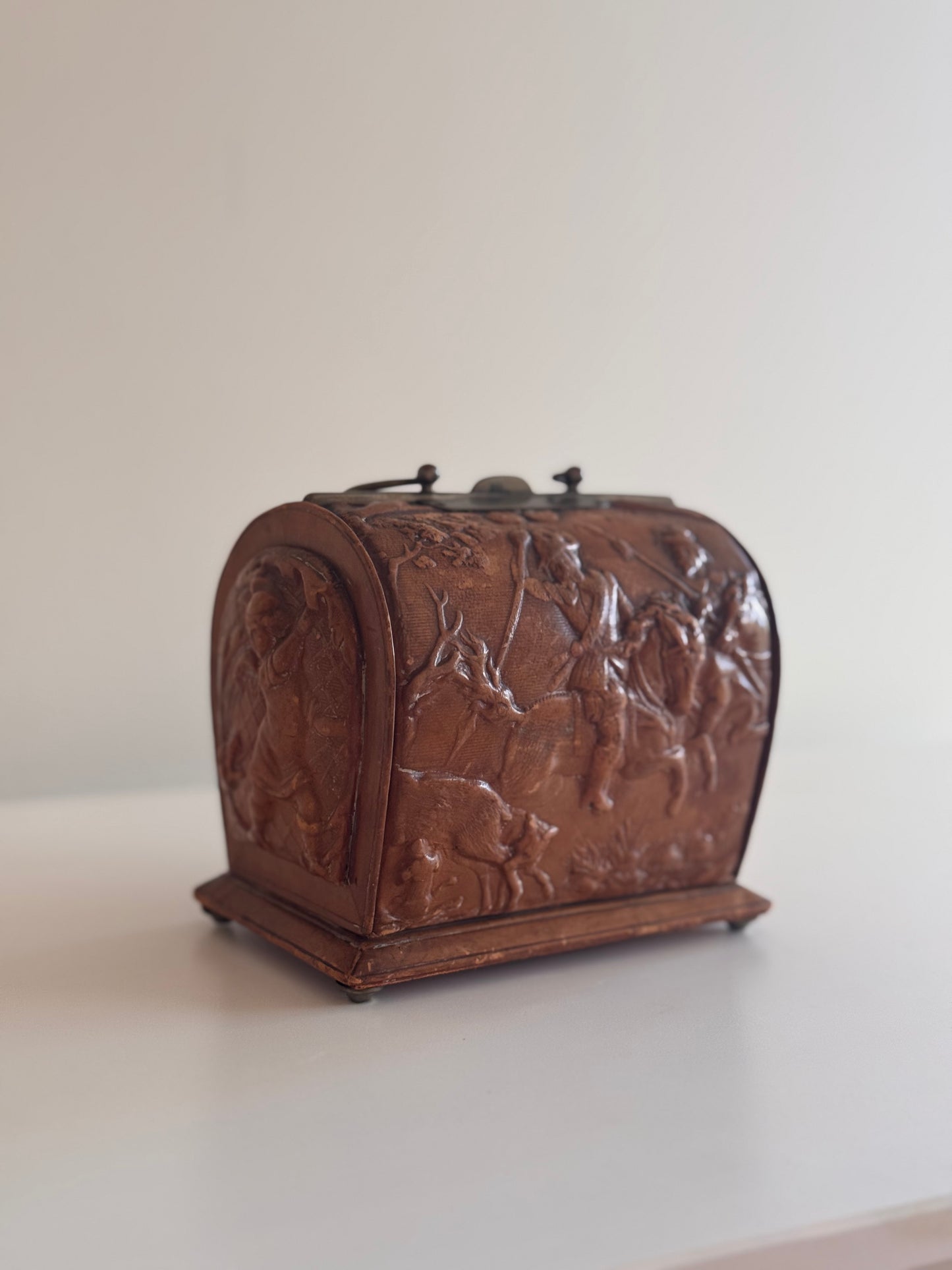 Antique Early 1900s Tooled Leather & Crystal Perfume Caddy Box w/Velvet Silk Lining