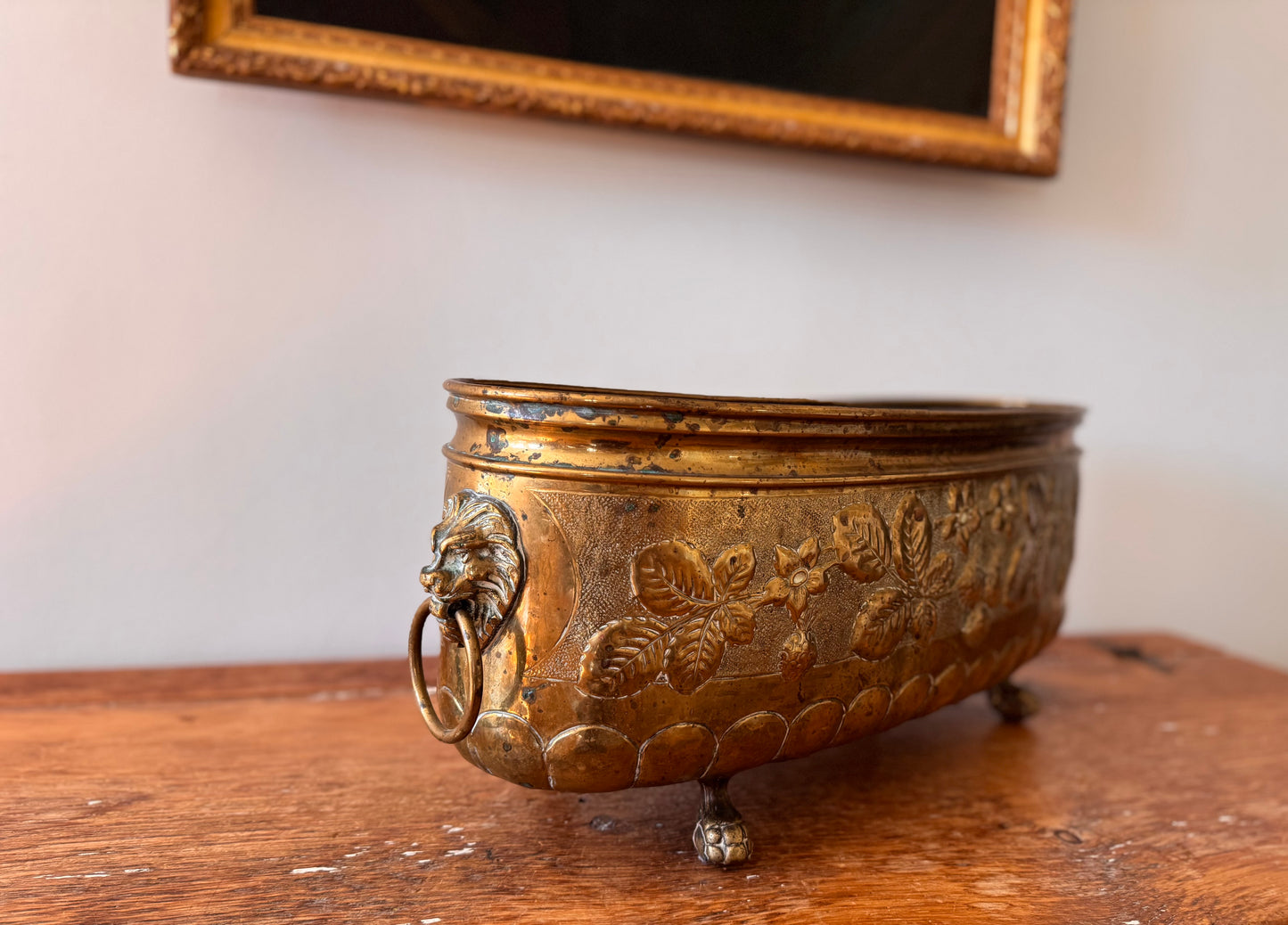 Antique Large French Brass Jardiniere Planter Leaves Flowers Lion Heads