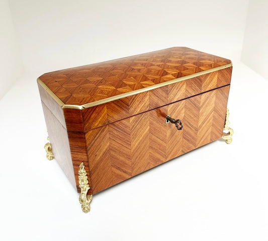 Antique Mid 19th C Napoleon III French Kingwood Ormolu Parquetry Tea Caddy w/Key