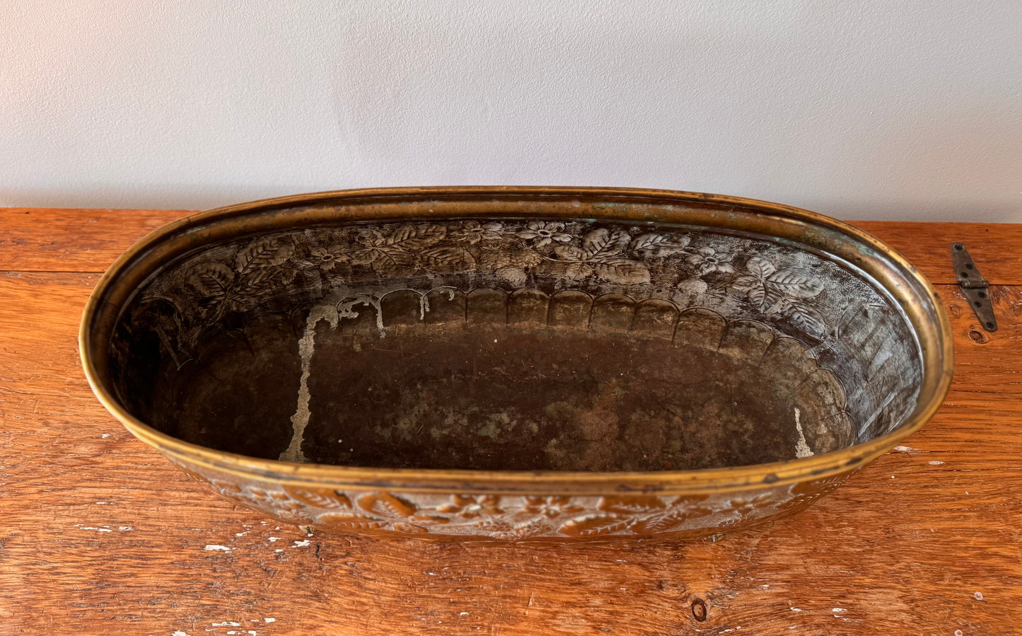 Antique Large French Brass Jardiniere Planter Leaves Flowers Lion Heads