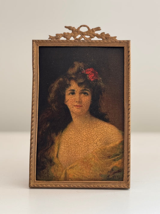 Antique Miniature Signed Angelo Asti Portrait of a Woman Bronze Bow Frame
