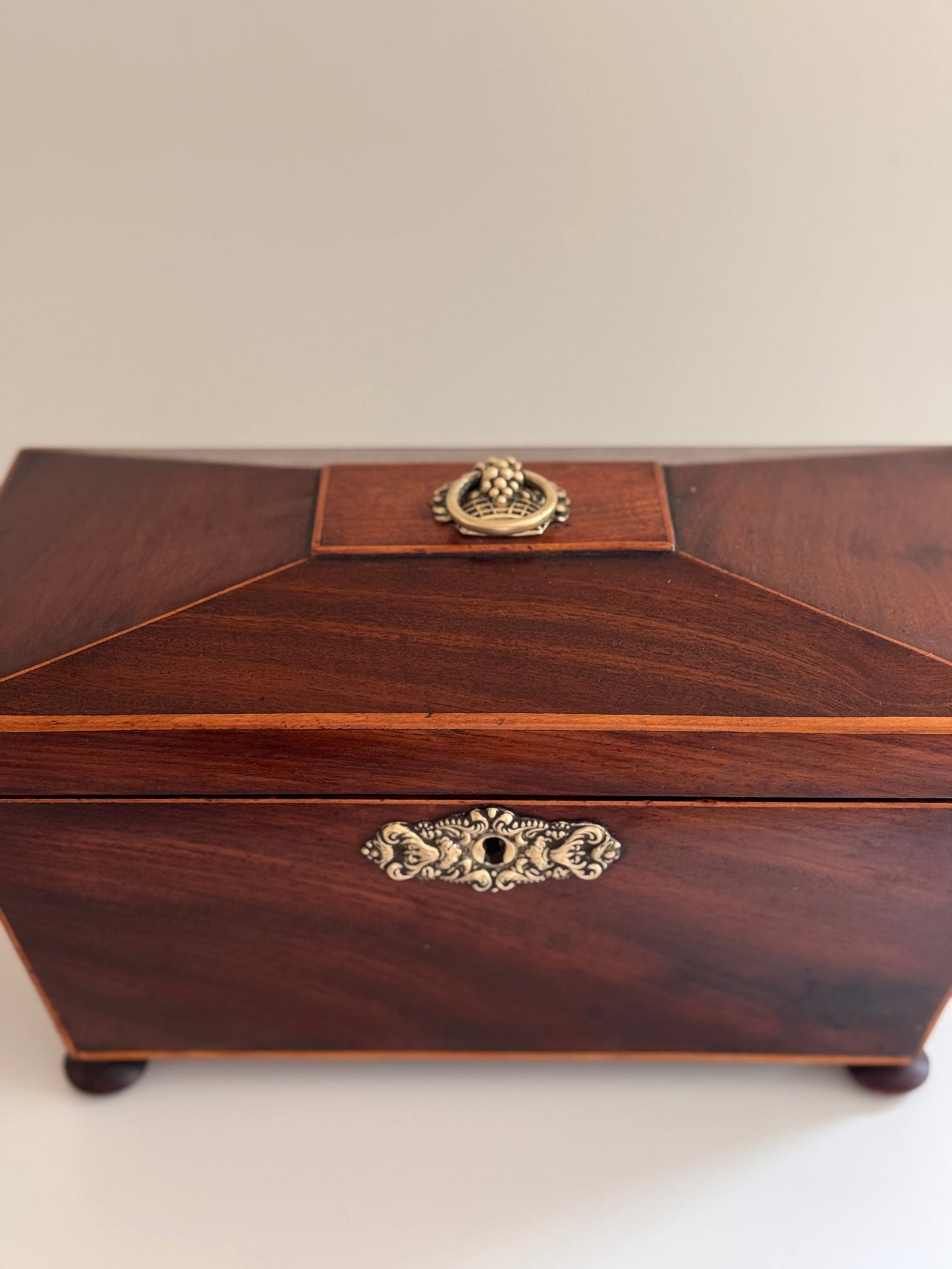 Antique Regency Wood Brass Sarcophagus Tea Caddy With Bowl Floral Detail
