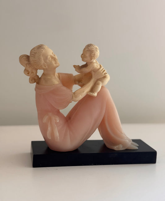 Vintage Italian Bianchi Resin Statue Of Mother & Child Pink Cream Black Figure