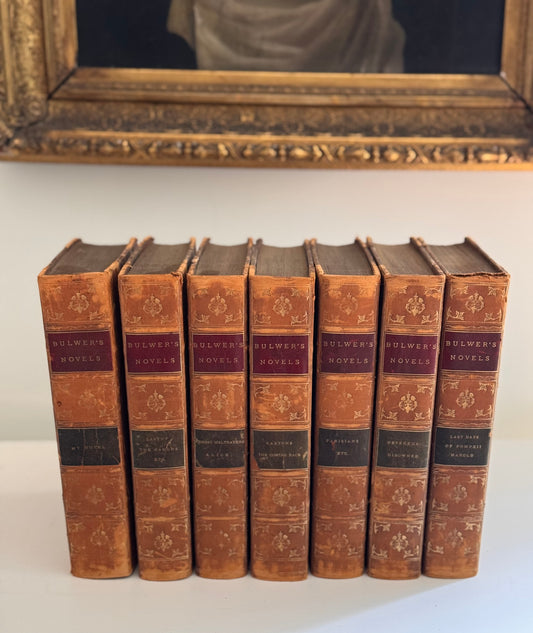 Antique 19c Set of 7 Bulwer’s Novels Circa 1882 Half Leather Marbled Last Days of Pompeii Etc