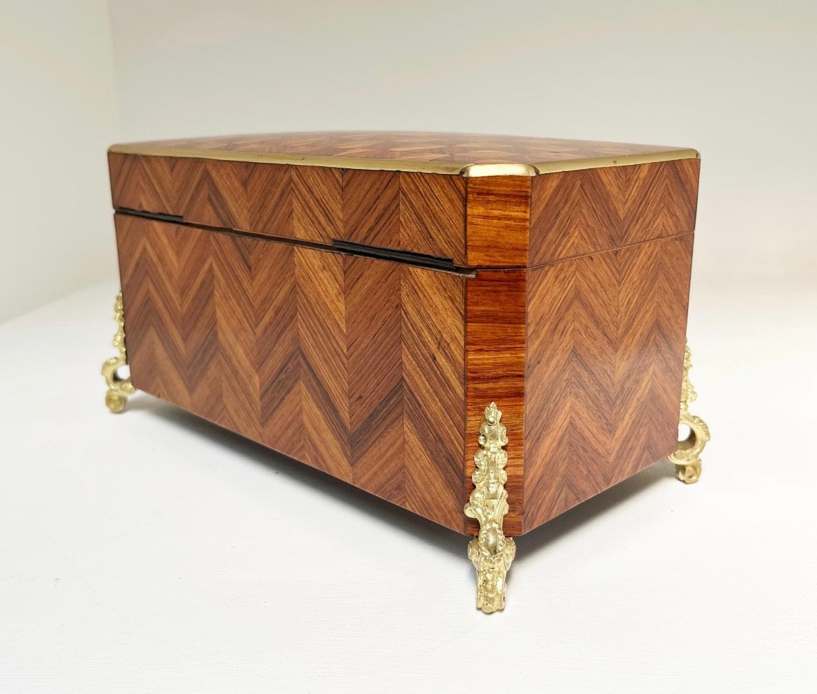 Antique Mid 19th C Napoleon III French Kingwood Ormolu Parquetry Tea Caddy w/Key