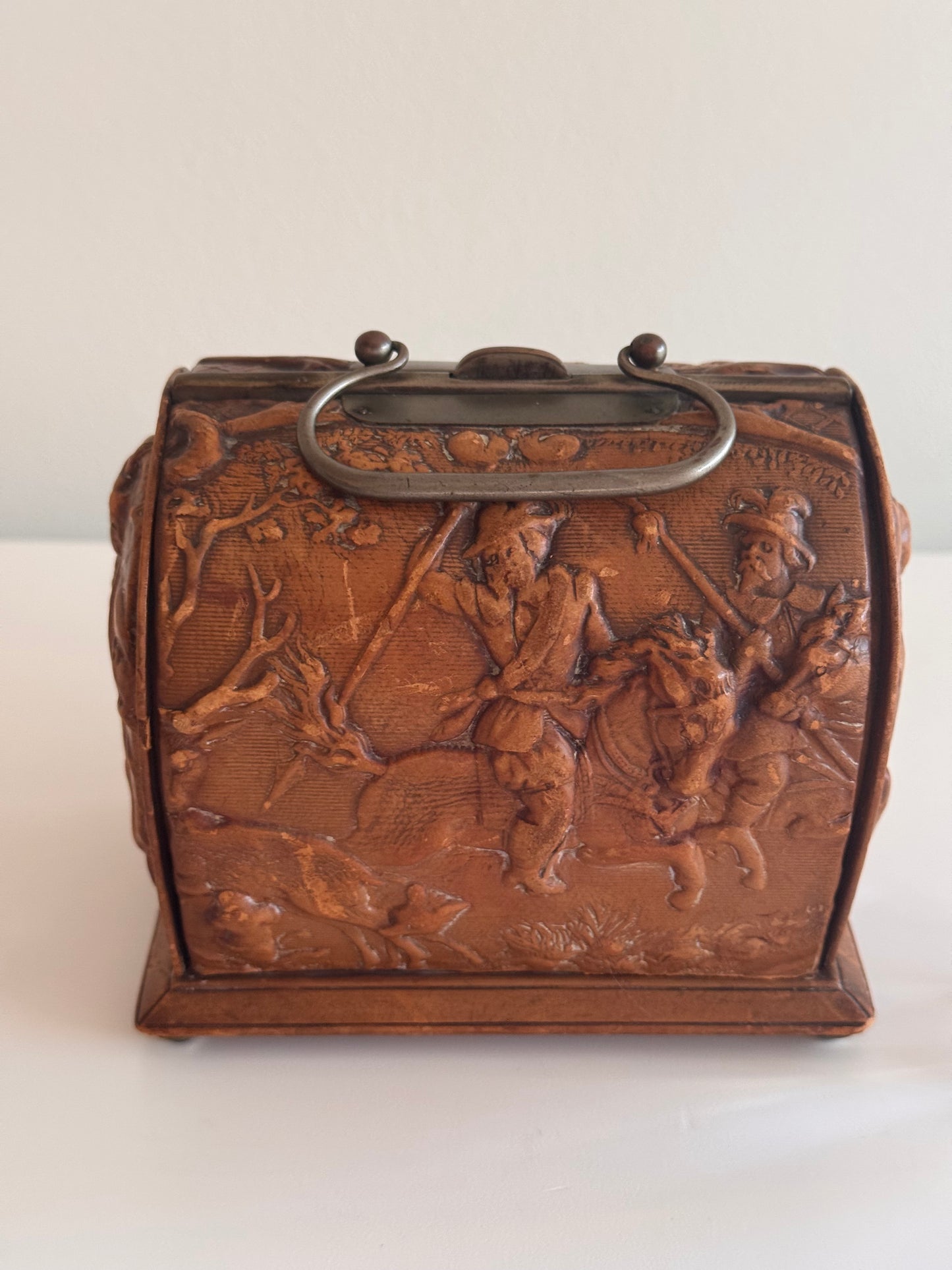 Antique Early 1900s Tooled Leather & Crystal Perfume Caddy Box w/Velvet Silk Lining