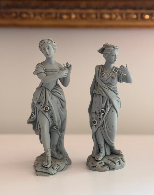 Antique 19c Stamped Meissen German Women Figurines Floral Detail Hand Painted Pair of 2