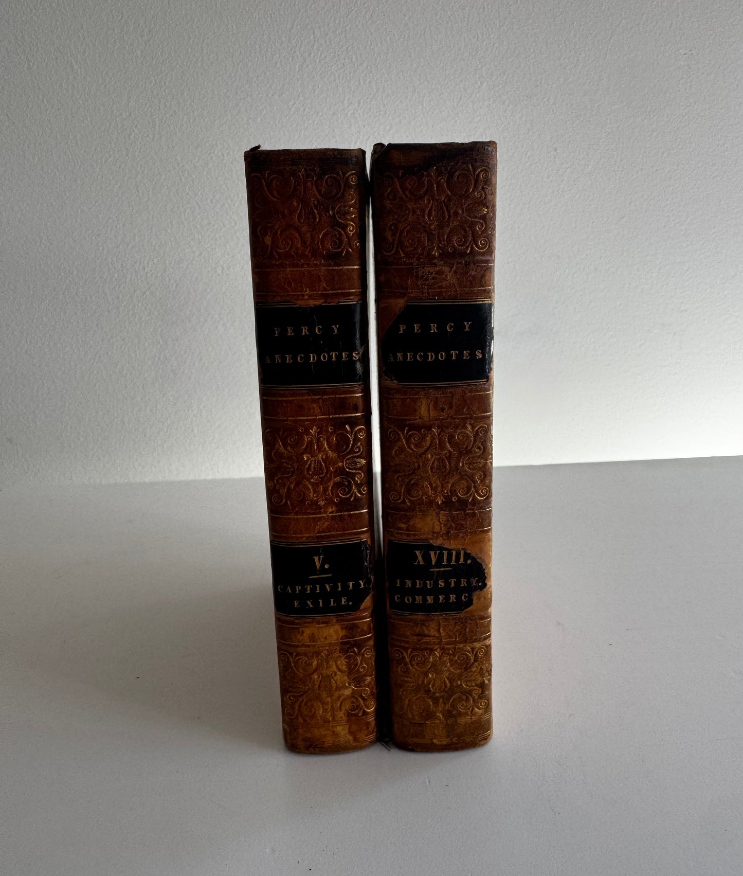 Antique 1823 Two Volumes of The Percy Anecdotes Full Leather Fine Binding Books