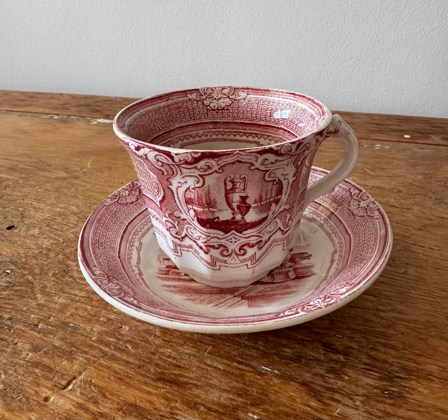 Antique Late 19c Victorian A Shaw Red Pomona Transferware Tea Cup & Saucer Set