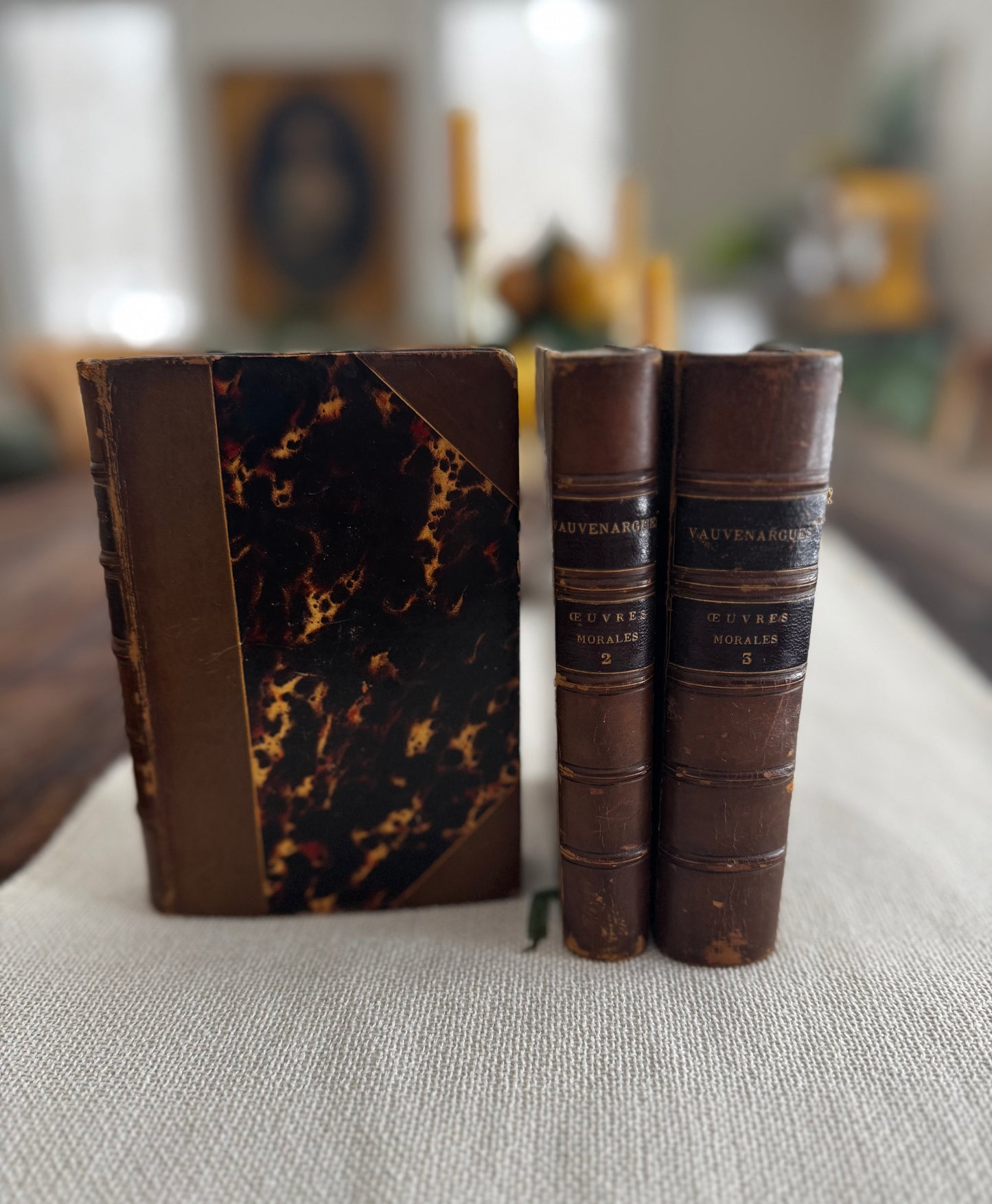 Oeuvres Morales De Vauvenargues (Moral Works of Vauvenargues) dated 1874 Leather & Marbled Binding Book Set
