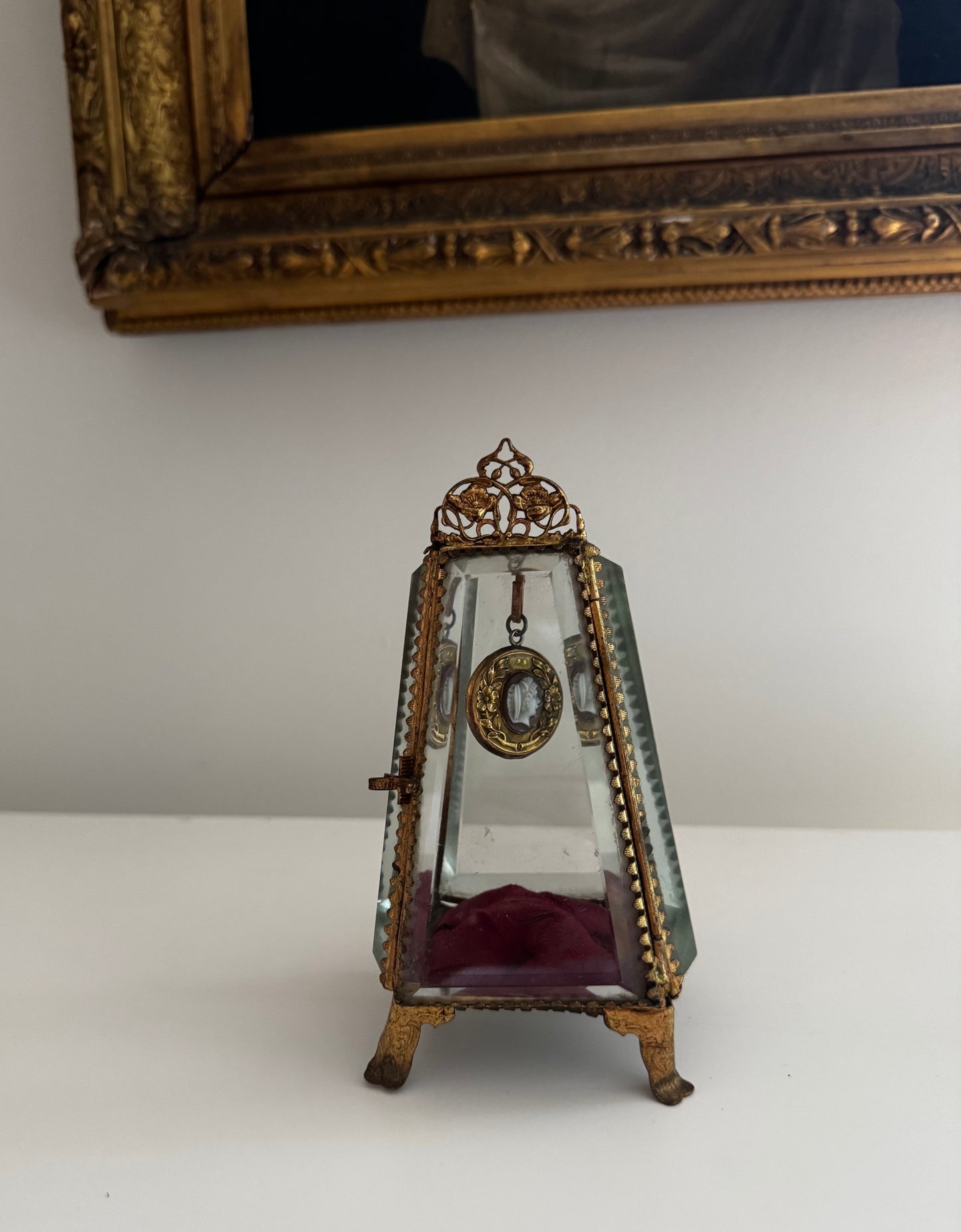 Antique French Ormolu Tufted Silk Crystal Watch Casket & Shell Cameo Pendant