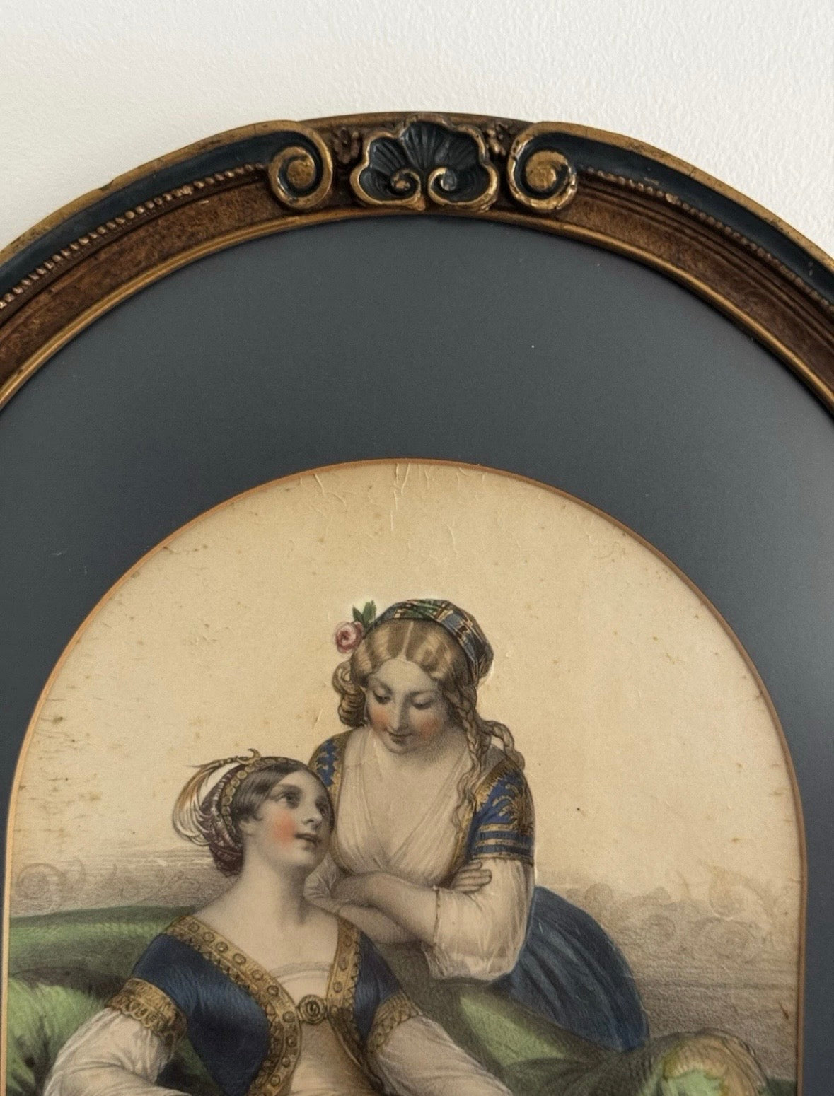 Antique 19th Century Hand Colored Portrait Print Litho Of Two Women Framed