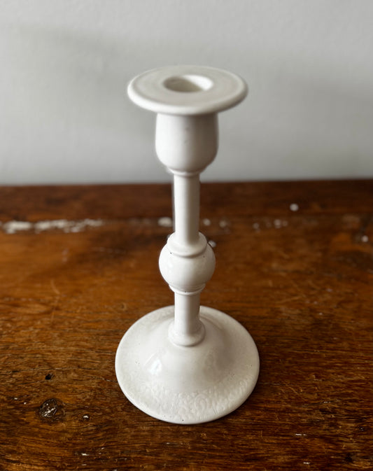 Vintage Ivory Enamel over brass Candle Stick 9”