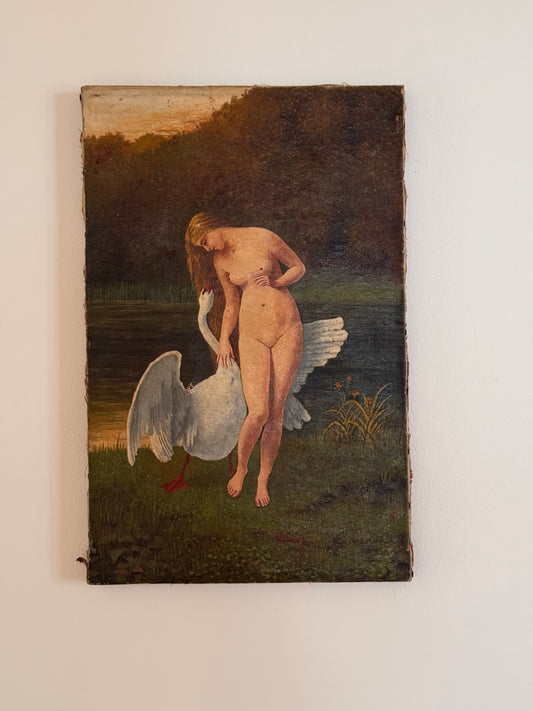 RESERVED Antique French Leda & The Swan oil on canvas painting